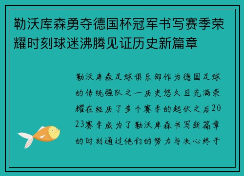 勒沃库森勇夺德国杯冠军书写赛季荣耀时刻球迷沸腾见证历史新篇章